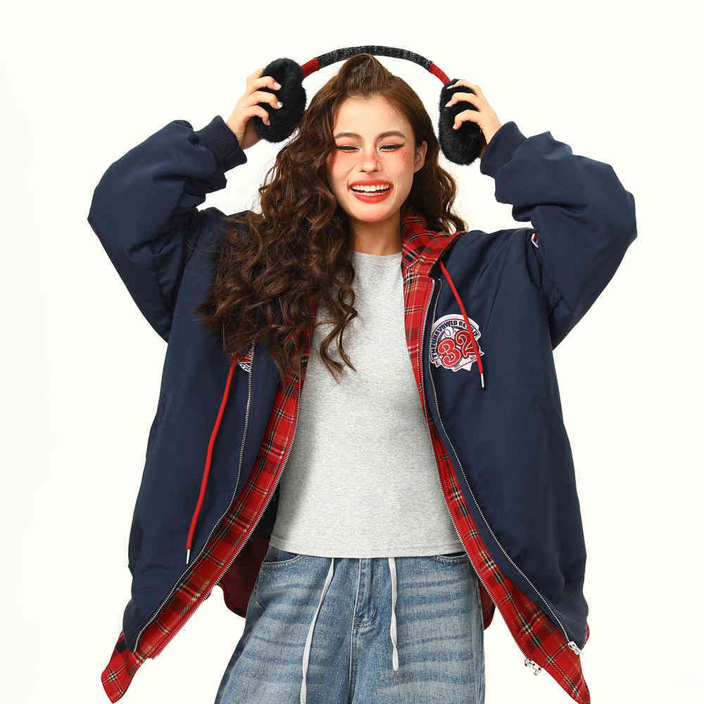 美式復古假兩件連帽潮牌棉服外套女冬季加厚保暖棉衣