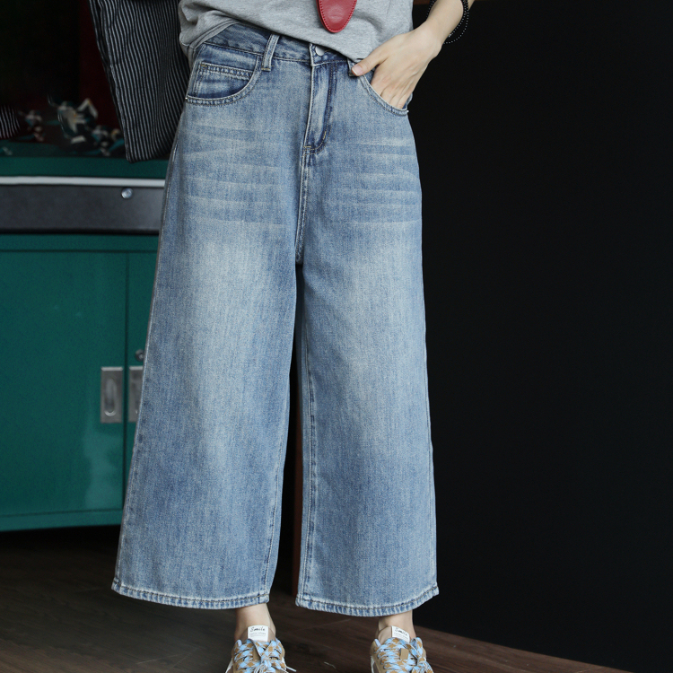 復古九分闊腿牛仔褲女高腰顯瘦直筒休閒褲夏薄款