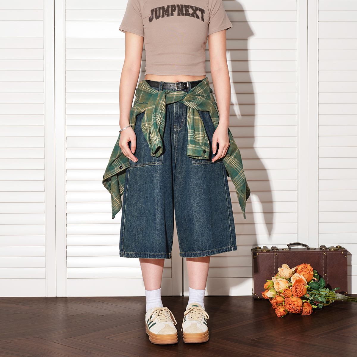 美式復古解構設計七分褲女夏寬鬆闊腿休閒短褲牛仔褲