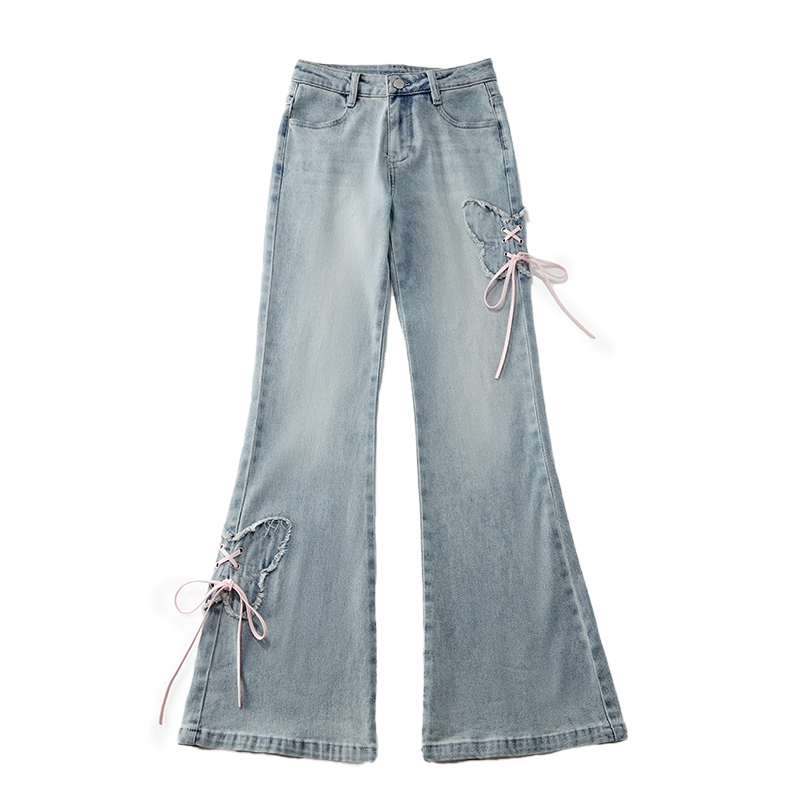 淺色顯瘦蝴蝶微喇叭牛仔褲女2025夏季新款小個子設計感褲子