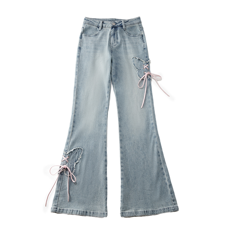 淺色顯瘦蝴蝶微喇叭牛仔褲女2025夏季新款小個子設計感褲子