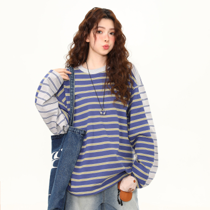 春季新款條紋拼接設計感寬鬆長袖T恤女美式復古百搭上衣