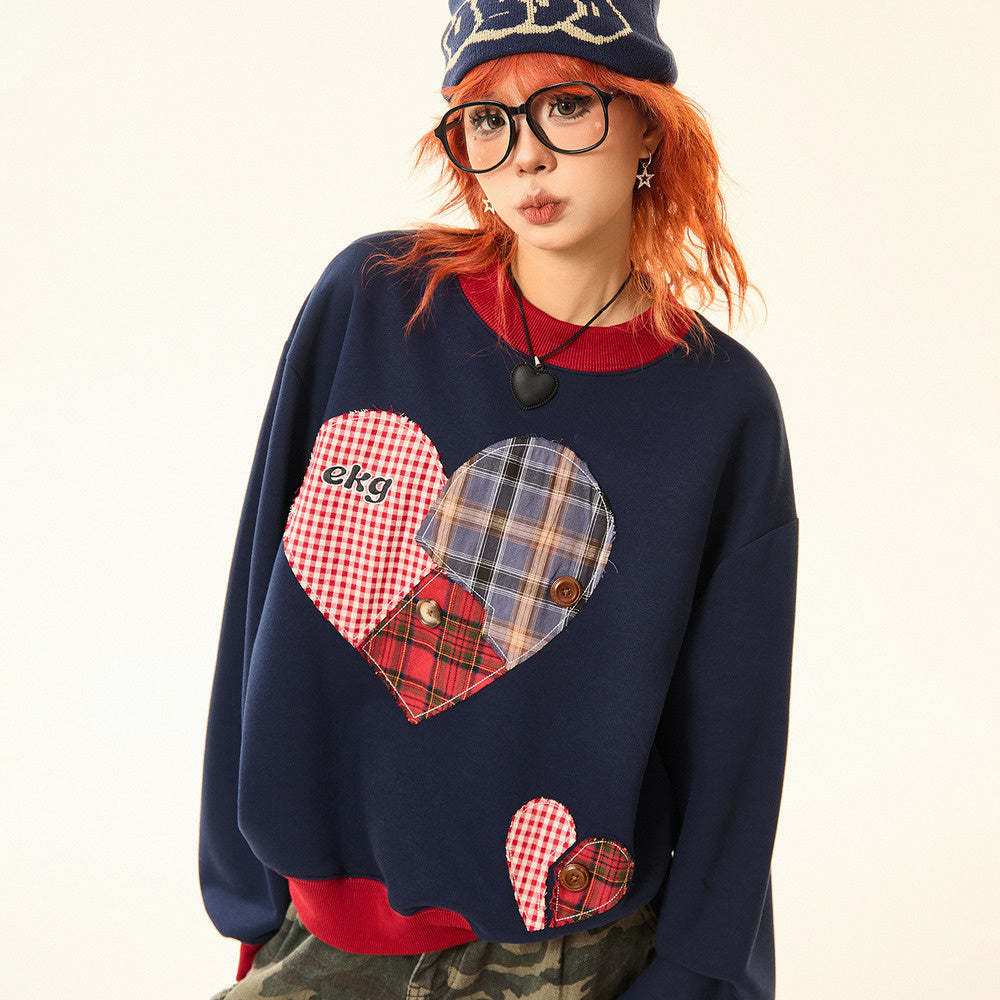 美式復古格子愛心貼布圓領衛衣女秋冬設計感寬鬆休閒上衣