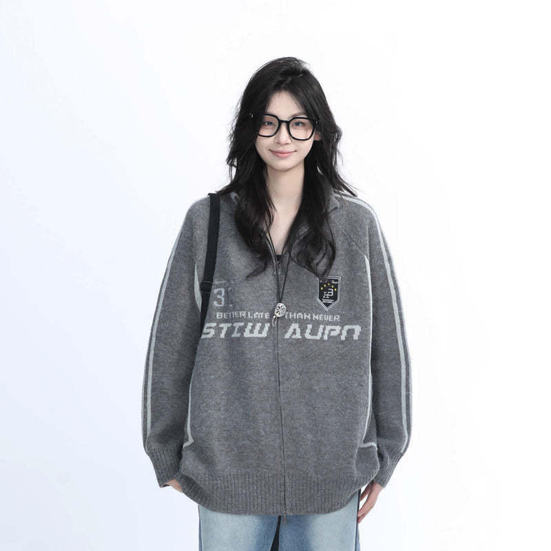 美式復古街頭黑色針織開衫外套女秋冬季寬鬆潮牌毛衣