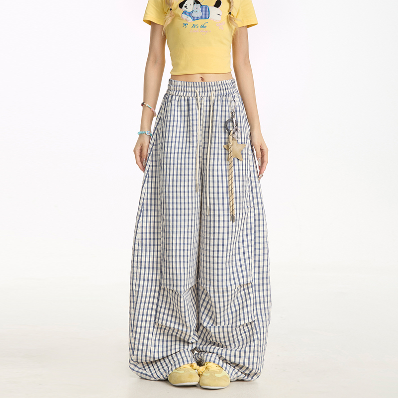 星星掛飾褲子夏季藍色格子直筒褲女垂感慵懶休閒闊腿褲ins
