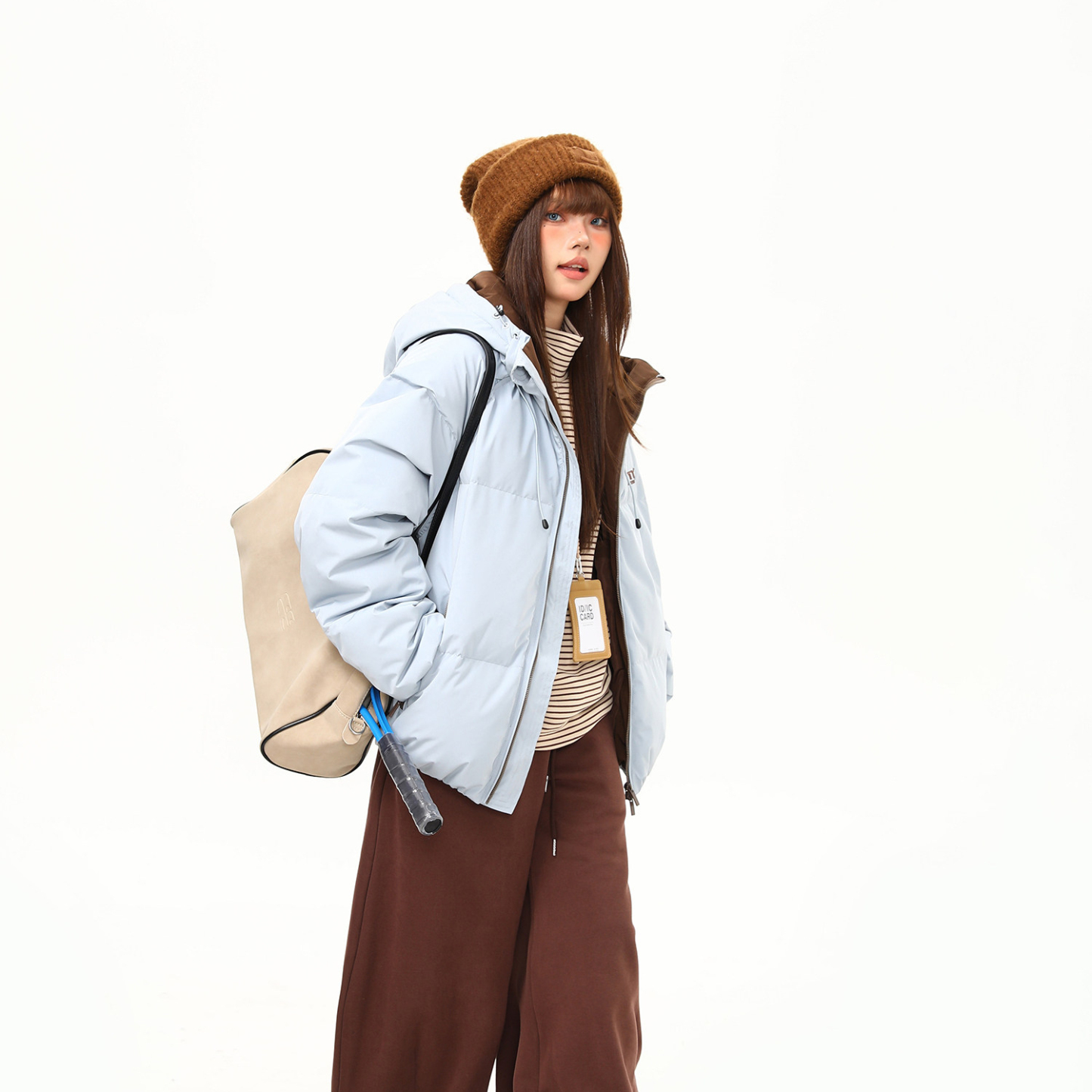 美式復古90白鴨絨羽絨服女冬季撞色戶外保暖連帽棉服外套