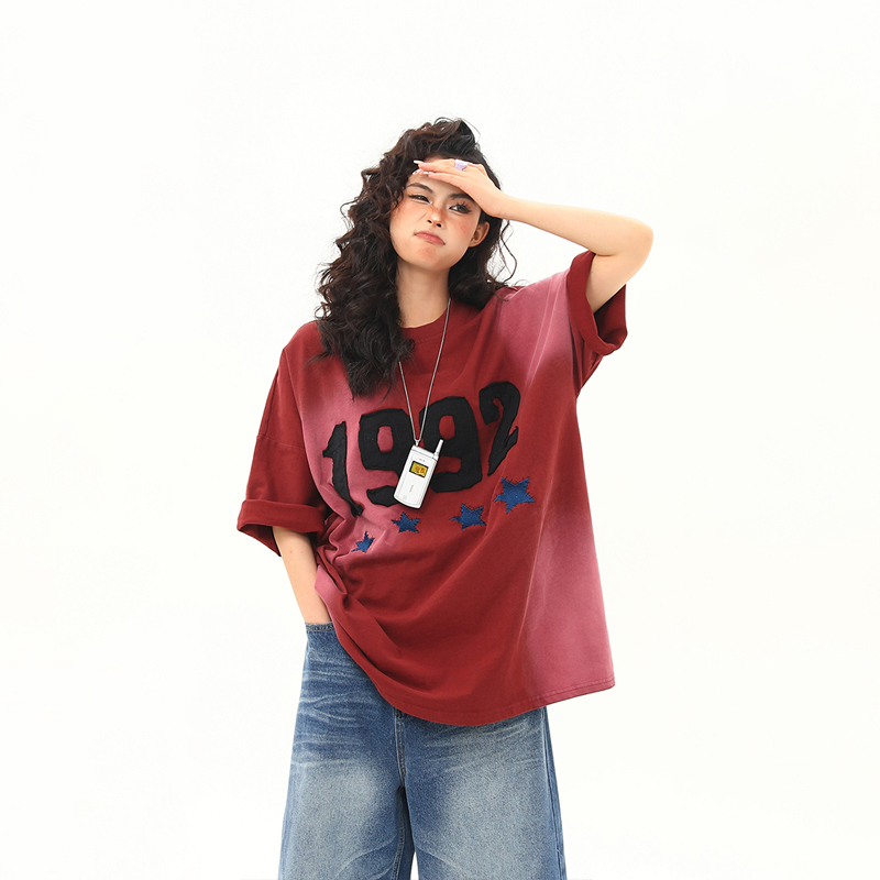 美式復古水洗噴繪重磅短袖T恤女刺繡字母紅色tee