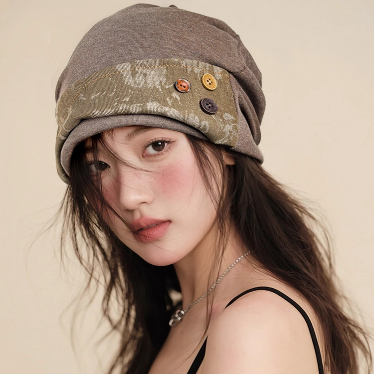 拼接紐扣顯臉小堆堆帽街頭套頭帽韓版日系百搭冷帽