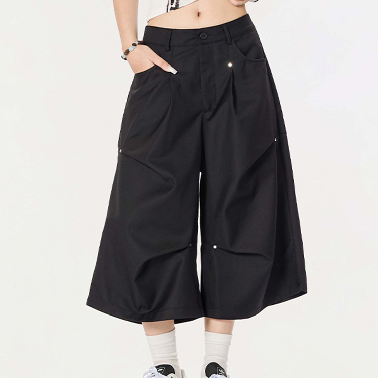 夏季潮牌設計感撞釘休閒短褲女cleanfi闊腿七分褲