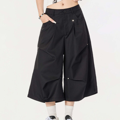 夏季潮牌設計感撞釘休閒短褲女cleanfi闊腿七分褲