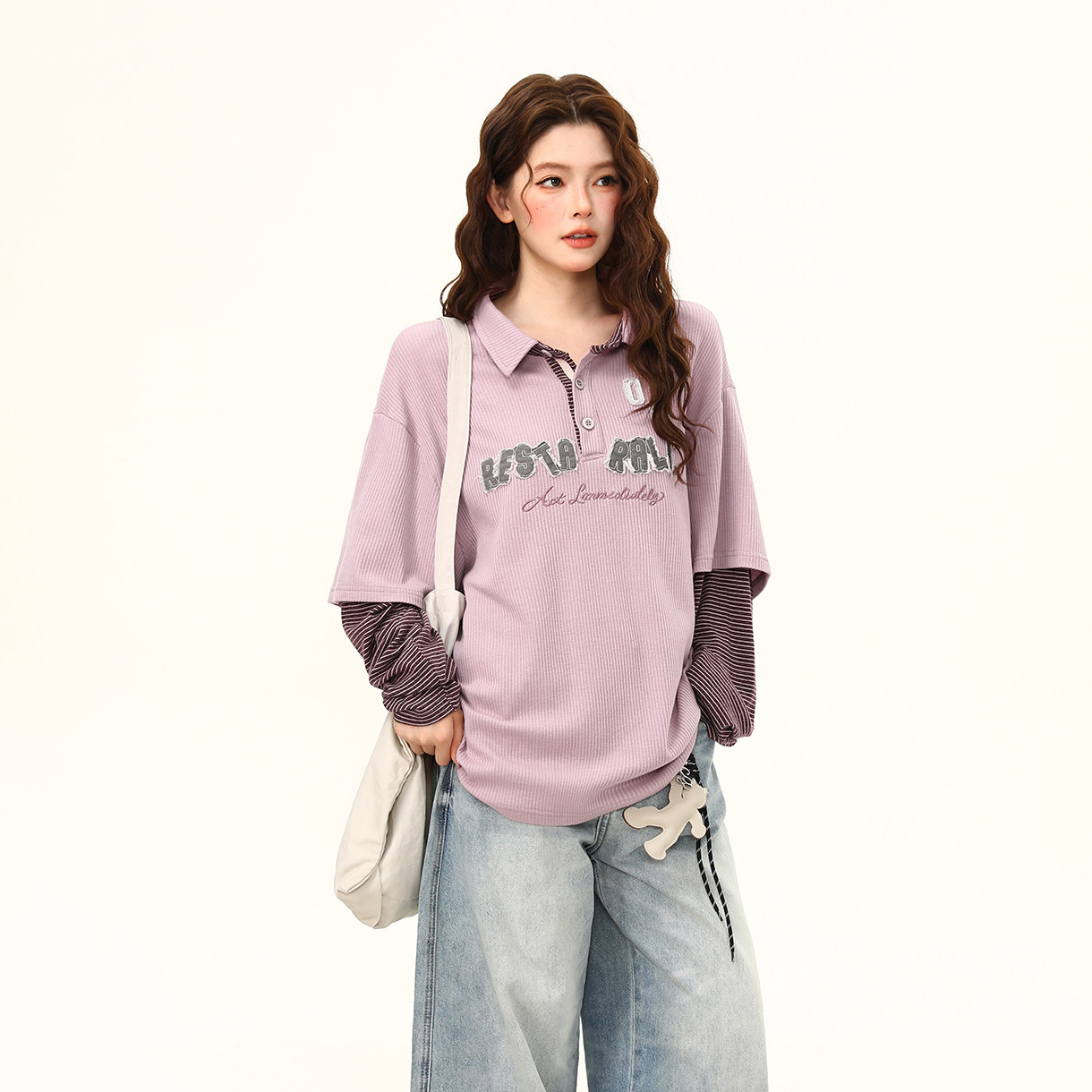 美式復古字母刺繡假兩件長袖T恤女秋季新款polo翻領衛衣