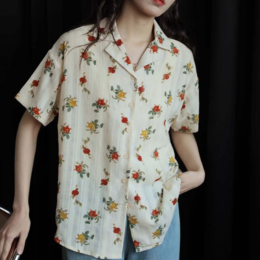 杏色玫瑰花氣質翻領簡約復古港風設計感短袖襯衫女夏季顯瘦上衣