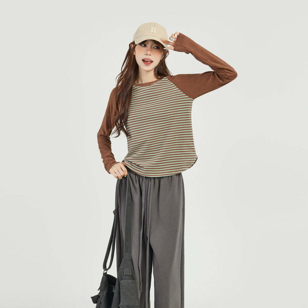 條紋插肩長袖t恤女早秋秋季正肩內搭打底衫修身短款上衣