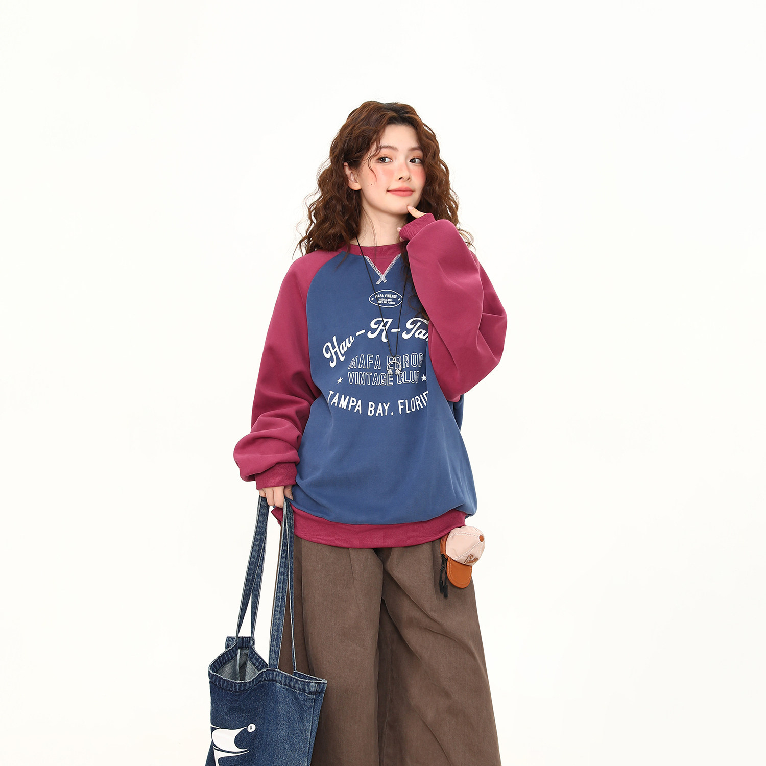 美式復古學院風撞色圓領套頭衛衣女春季新款寬鬆百搭上衣