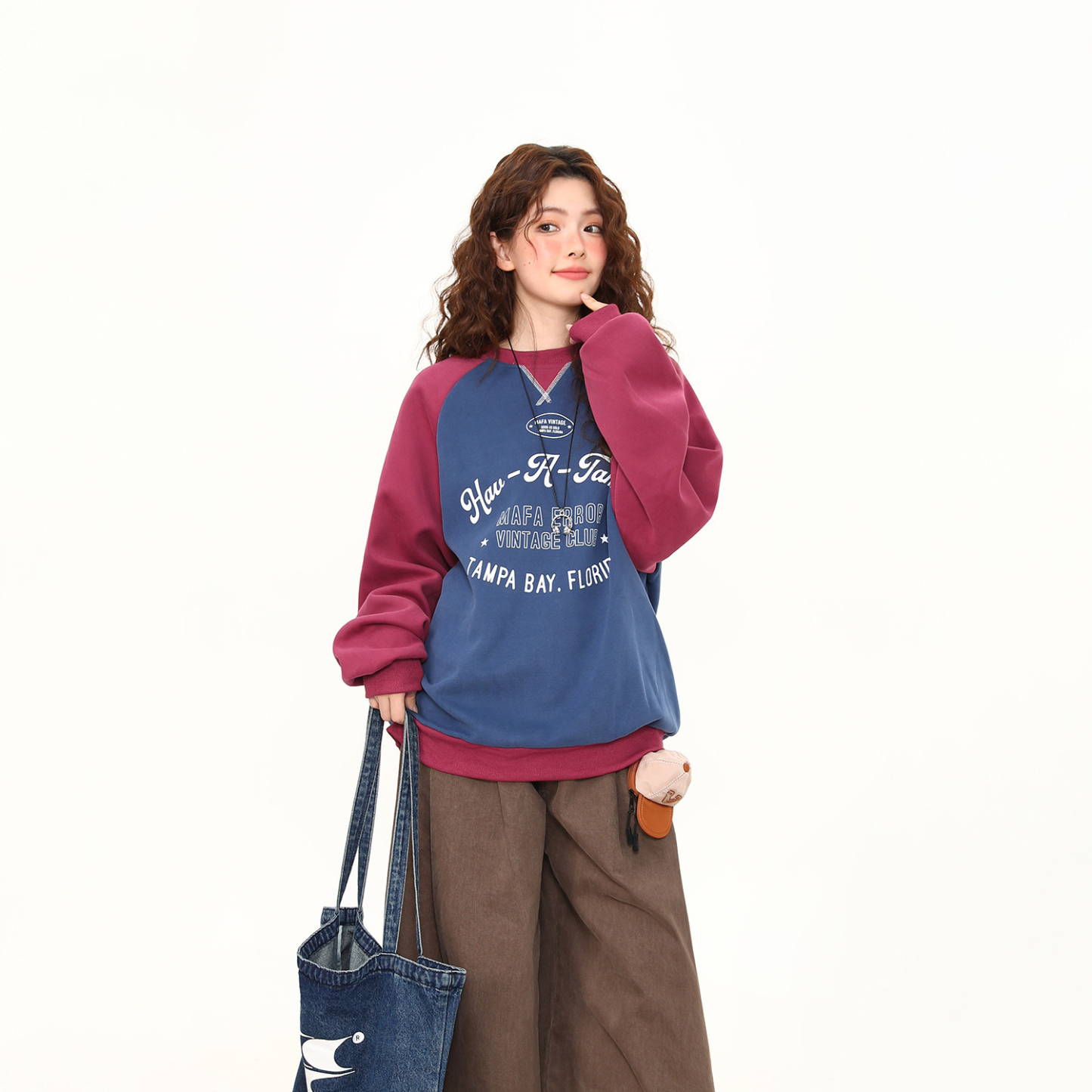 美式復古學院風撞色圓領套頭衛衣女春季新款寬鬆百搭上衣