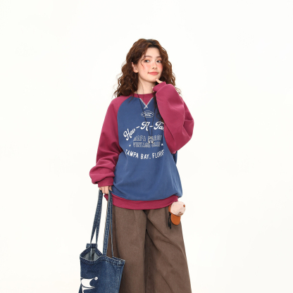 美式復古學院風撞色圓領套頭衛衣女春季新款寬鬆百搭上衣