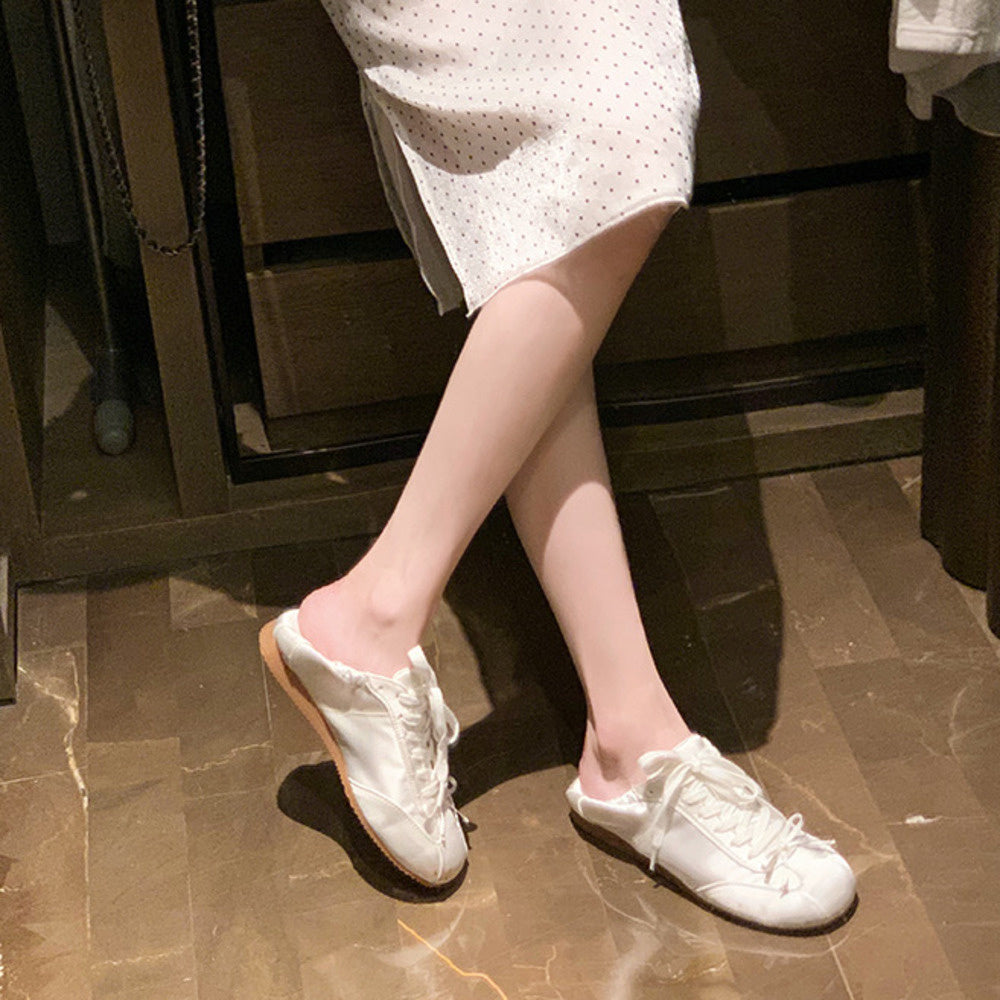 芭蕾風甜妹圓頭緞面運動板鞋蝴蝶結休閒德訓鞋女