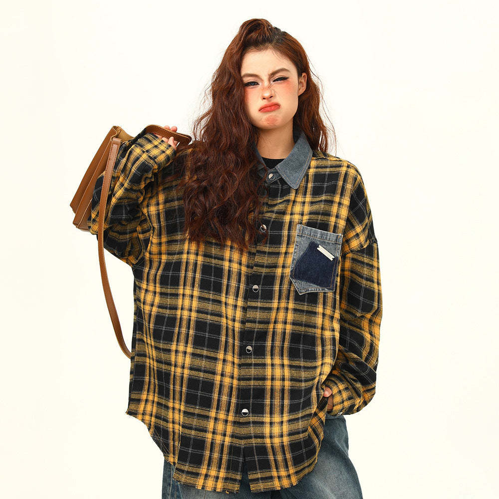 高級感外穿格子襯衫女復古寬鬆百搭早秋黃色格紋襯衣