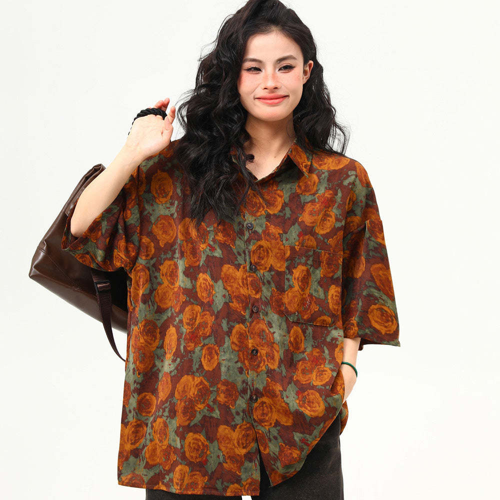 古著感花卉復古短袖襯衫女夏季凉感個性潮牌寬鬆襯衣