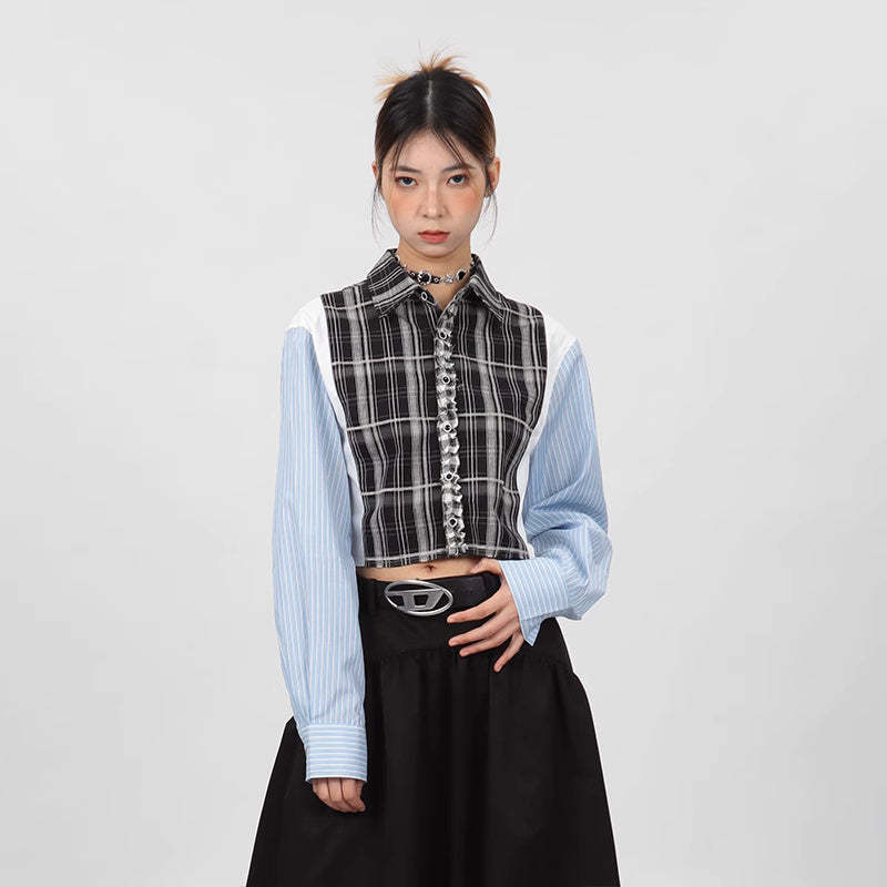 超短款拼接條紋襯衫女小眾設計款春秋長袖外套別致上衣