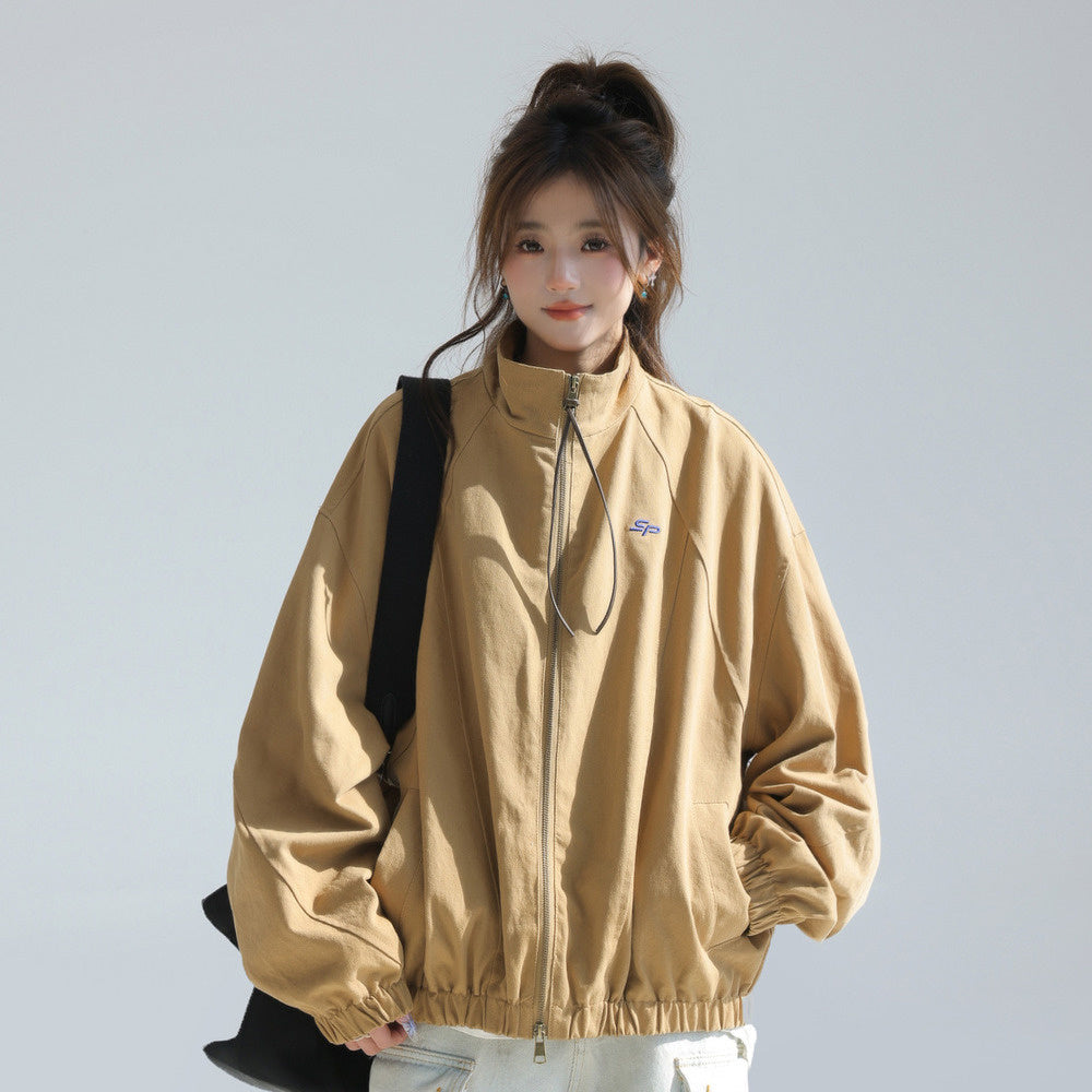 巴恩風立領外套女春秋小個子短款美式復古工裝夾克