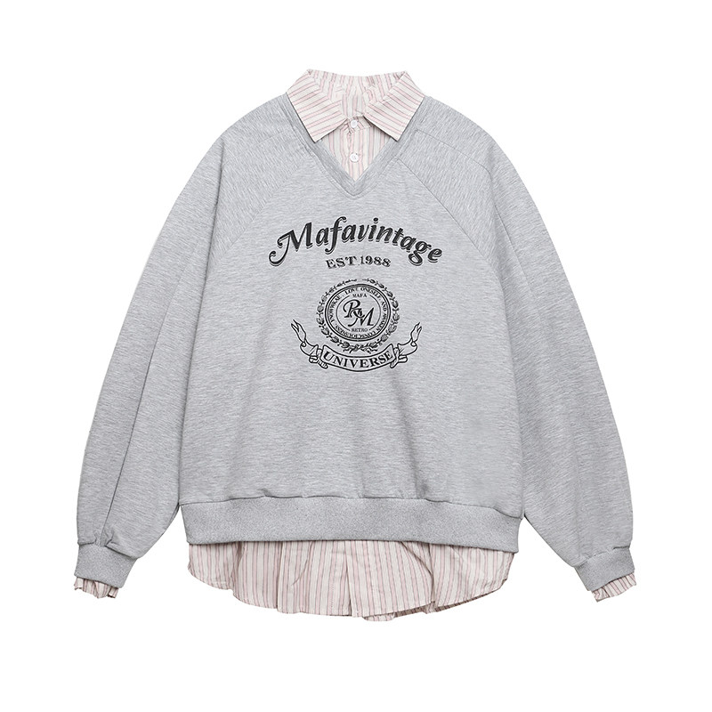 美式復古學院風格子假兩件衛衣女秋冬寬鬆百搭紅色上衣