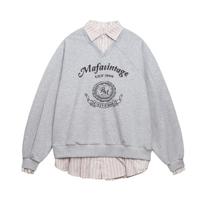 美式復古學院風格子假兩件衛衣女秋冬寬鬆百搭紅色上衣