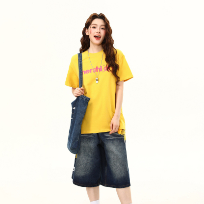 夏季多巴胺短袖T恤女美式字母印花寬鬆潮流上衣