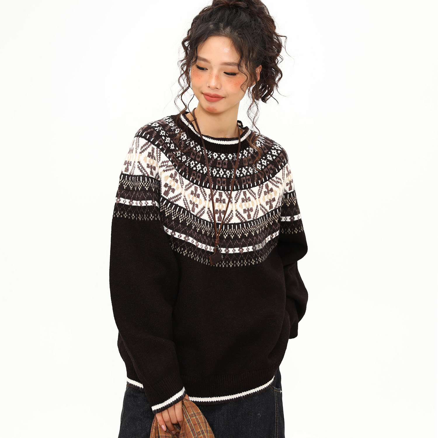 美式復古費爾島提花毛衣女秋冬慵懶風圓領軟糯針織衫上衣