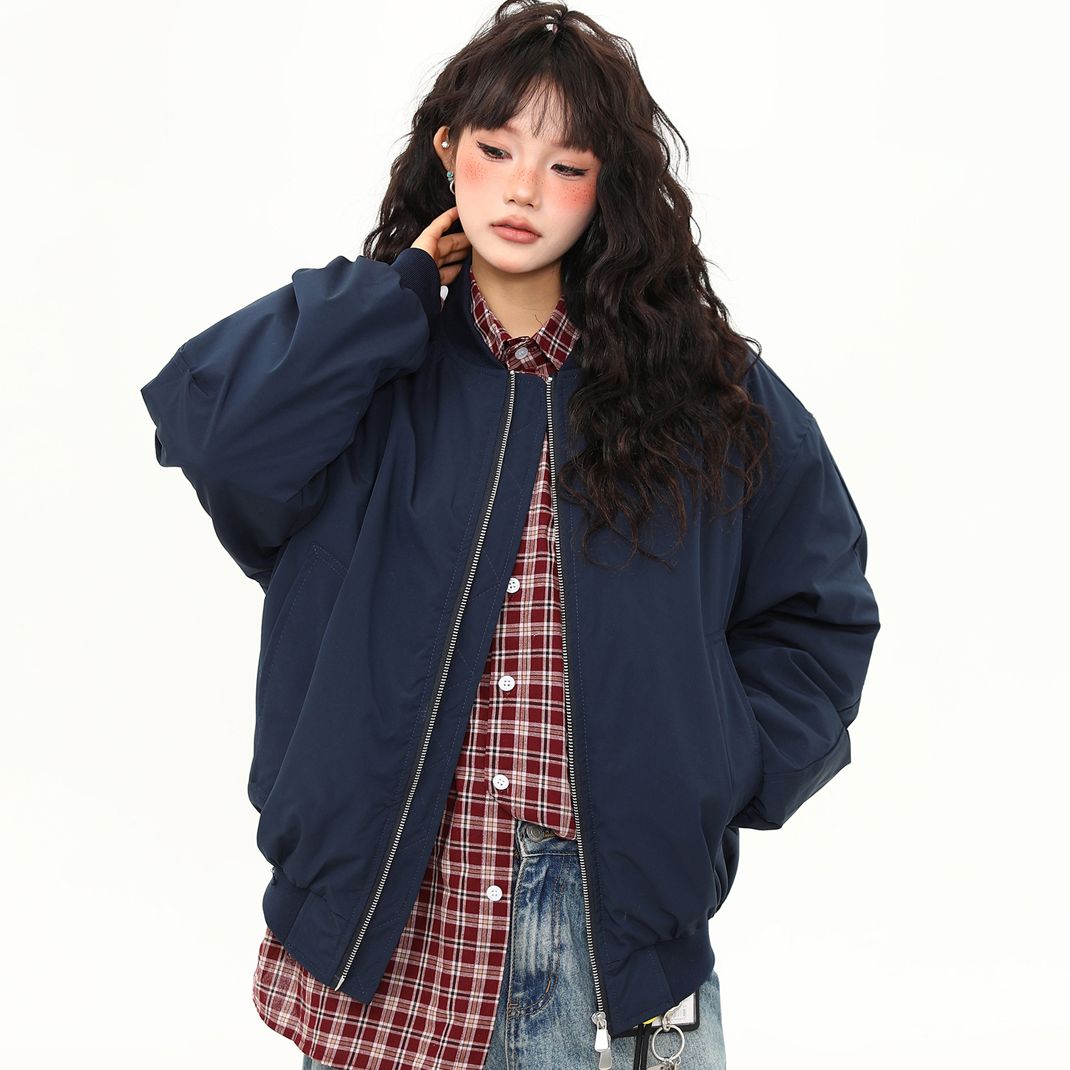 美式復古加棉飛行員夾克外套女秋冬寬鬆百搭上衣