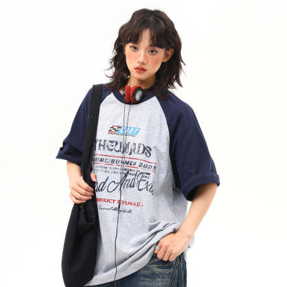 美式復古撞色插肩袖字母短袖T恤女夏季百搭體恤潮ins