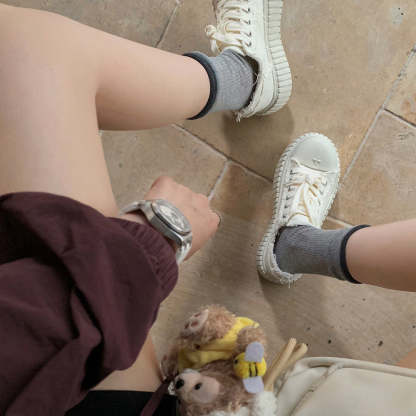 時髦圓頭厚底系帶休閒風毛邊帆布鞋餅乾板鞋女