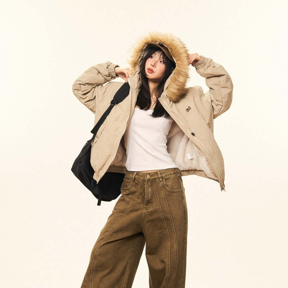 美式復古毛領連帽棉服女冬季加厚小個子短款棉衣派克服外套