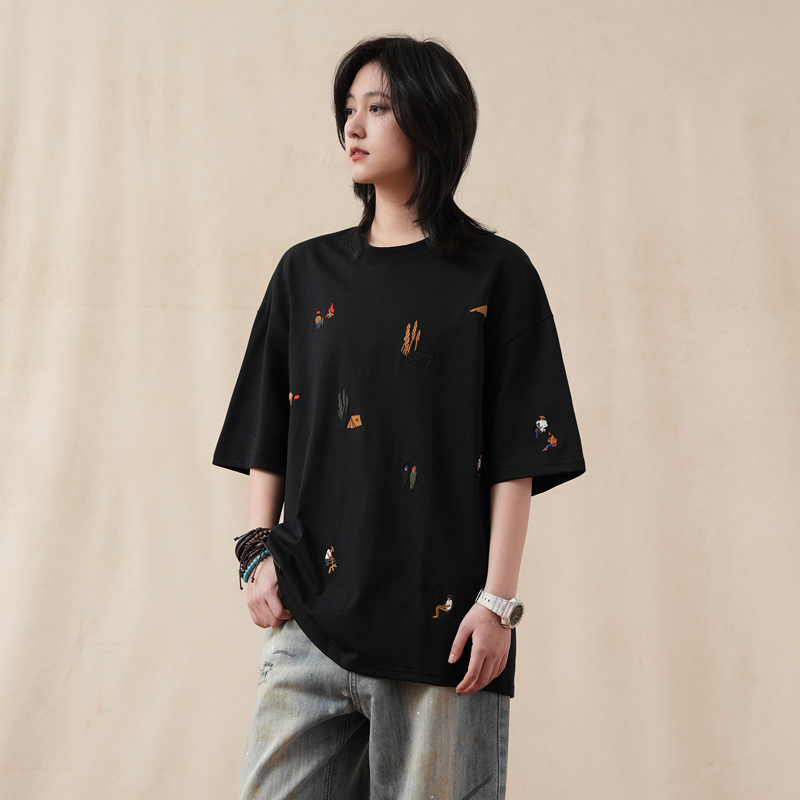 美式潮牌卡通刺繡短袖t恤女寬鬆純棉重磅ins半袖女上衣