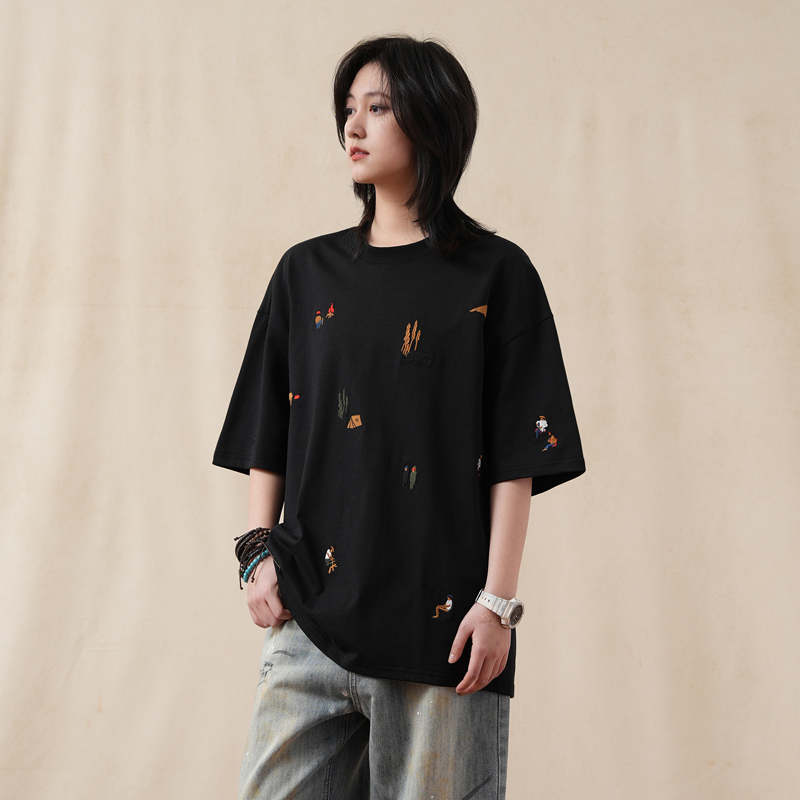 美式潮牌卡通刺繡短袖t恤女寬鬆純棉重磅ins半袖女上衣