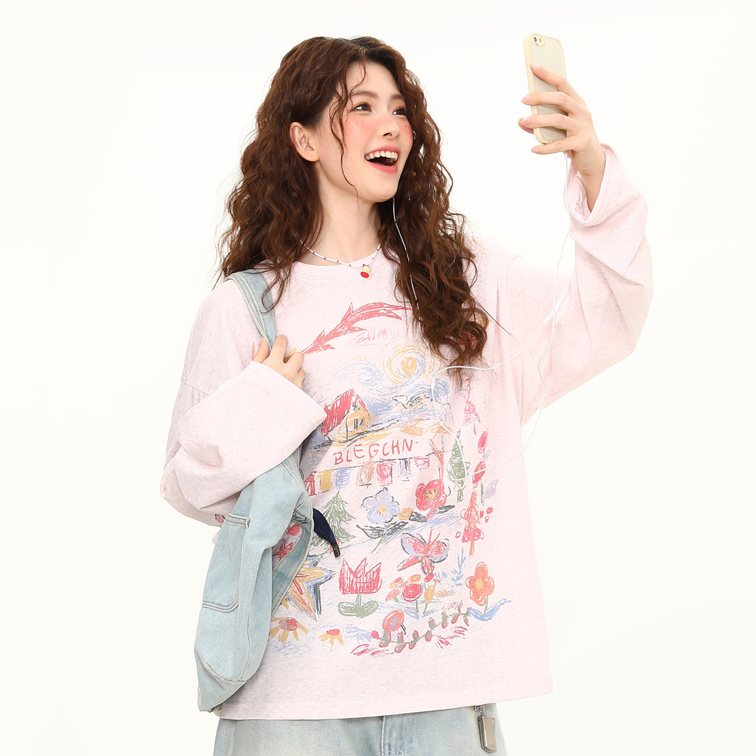 美式復古塗鴉印花長袖T恤女春夏寬鬆慵懶風防曬罩衫上衣