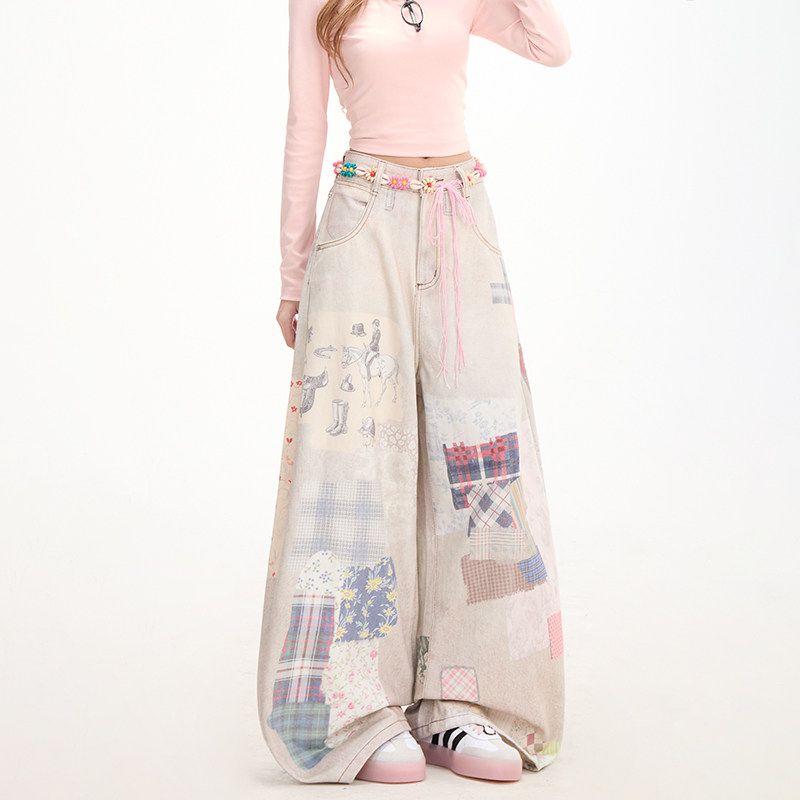 復古拼圖印花牛仔褲女亞文化穿搭彎刀闊腿褲街頭休閒褲