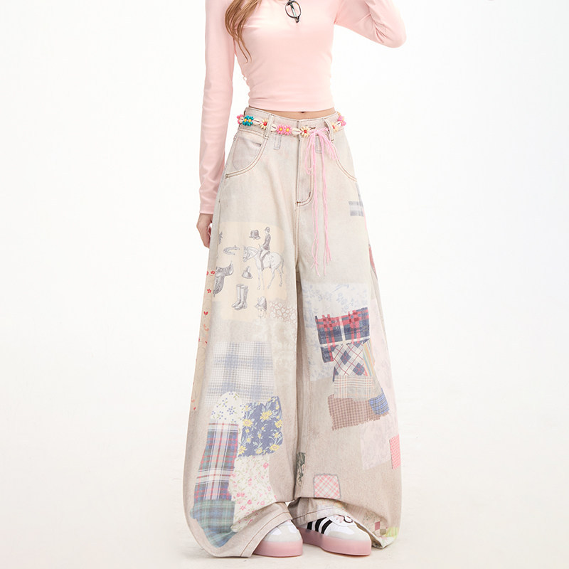 復古拼圖印花牛仔褲女亞文化穿搭彎刀闊腿褲街頭休閒褲