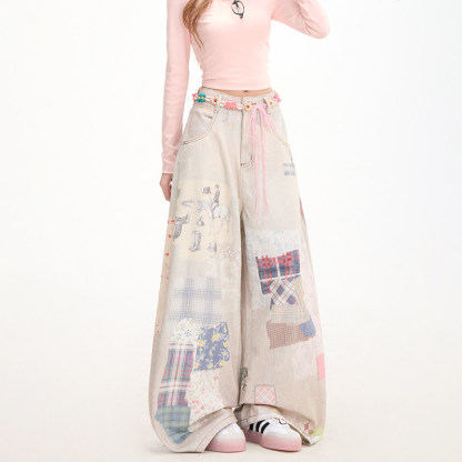 復古拼圖印花牛仔褲女亞文化穿搭彎刀闊腿褲街頭休閒褲