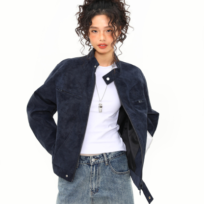 美式街頭潮牌立領PU皮衣外套女秋冬設計感寬鬆機車夾克