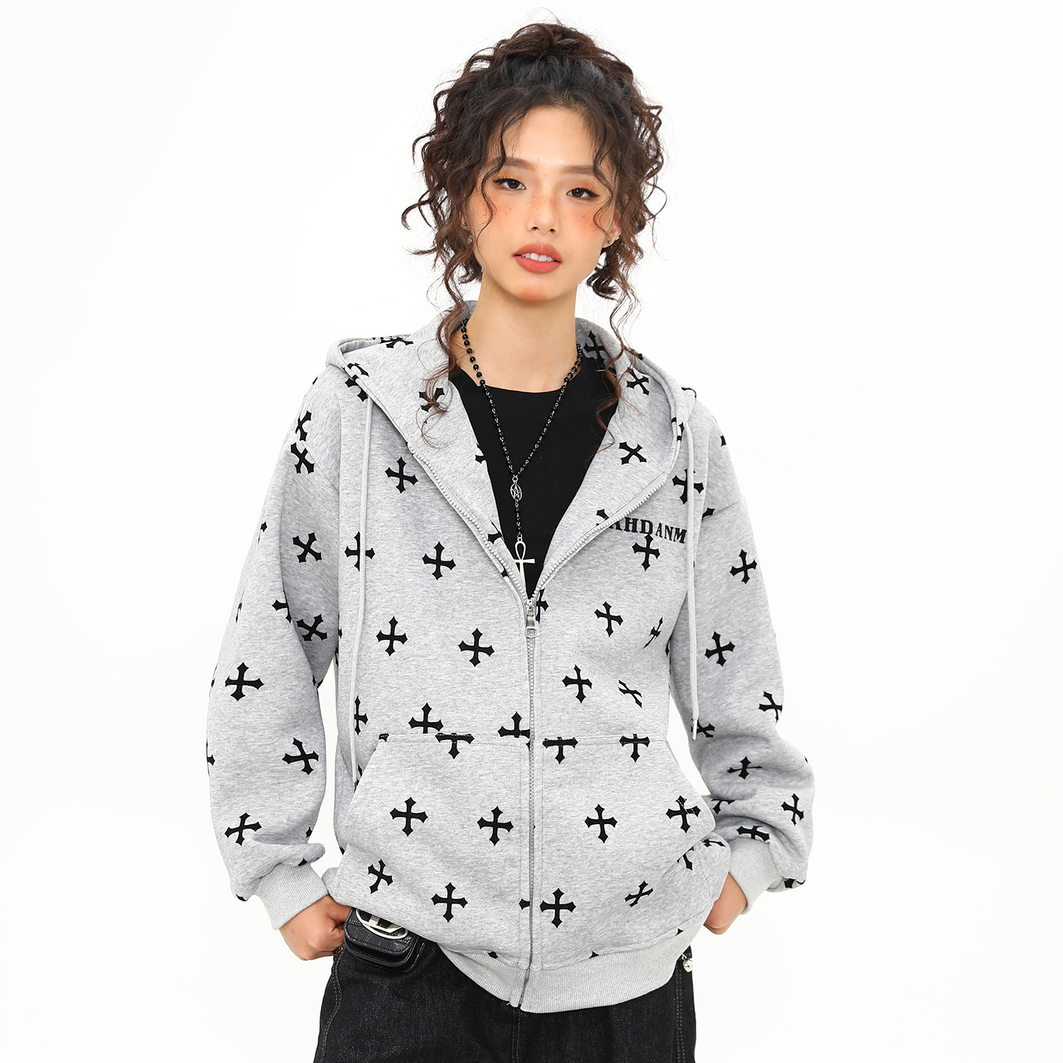 美式復古十字架印花連帽衛衣女秋冬寬鬆慵懶風拉鍊外套
