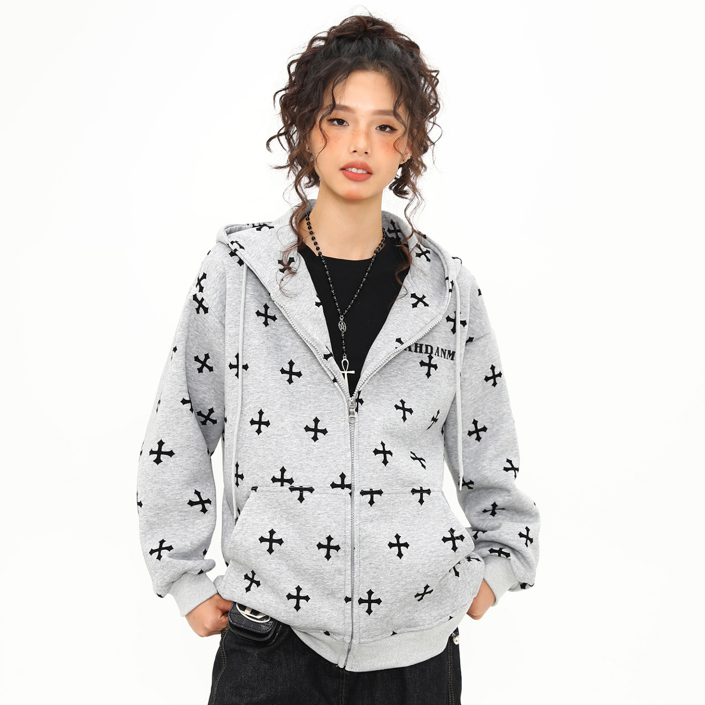 美式復古十字架印花連帽衛衣女秋冬寬鬆慵懶風拉鍊外套