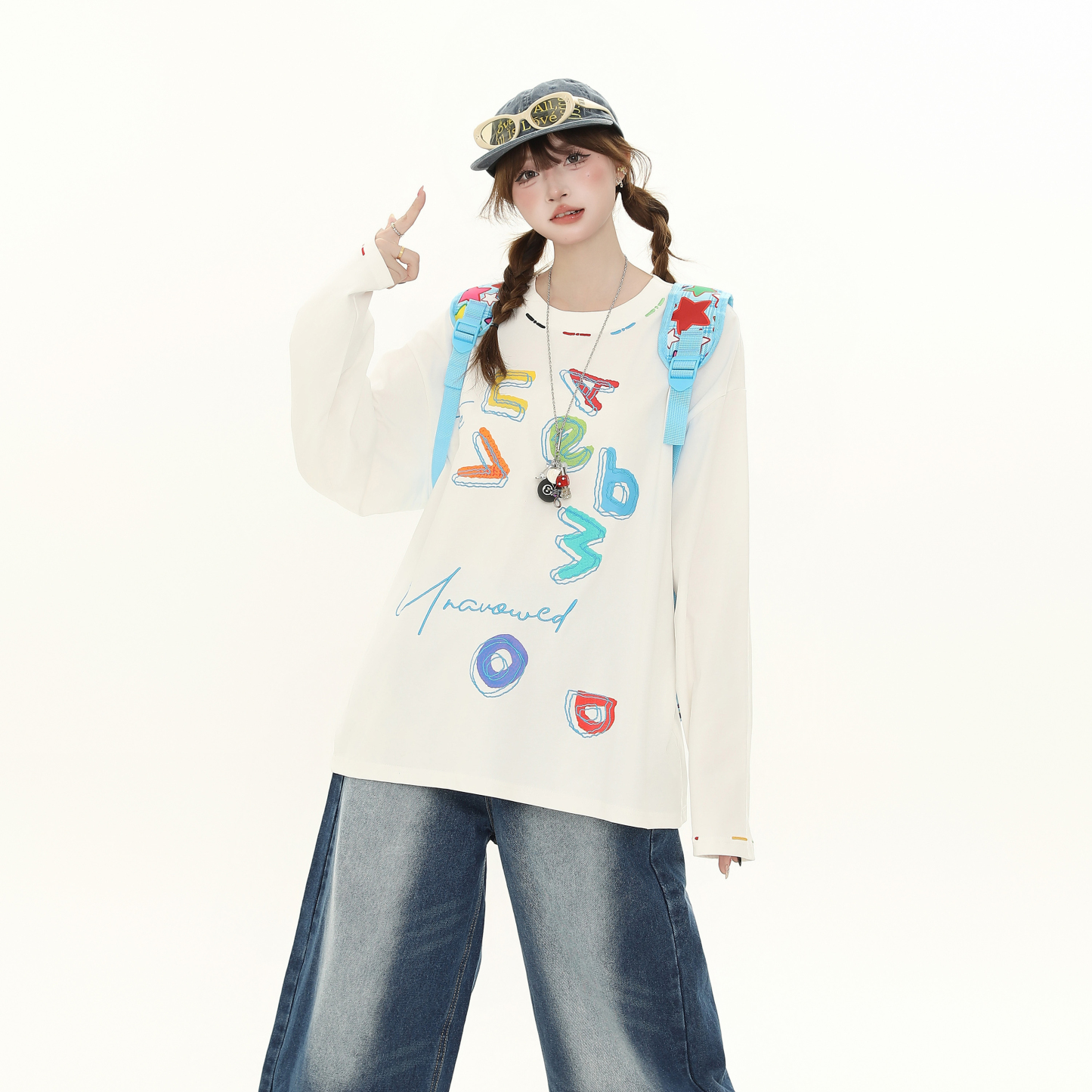 美式復古卡通印花長袖T恤女秋季新款寬鬆顯瘦百搭上衣