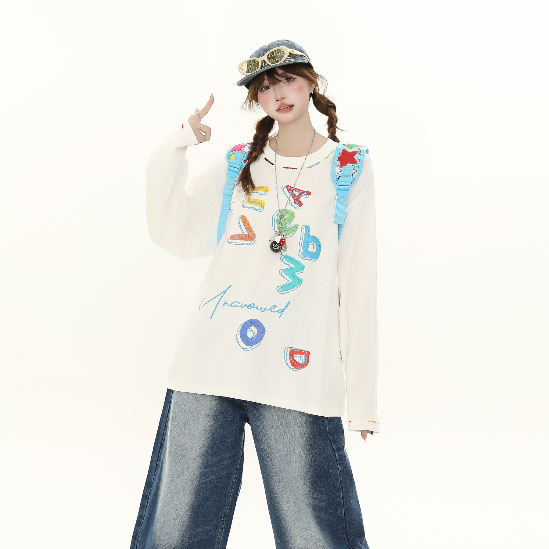 美式復古卡通印花長袖T恤女秋季新款寬鬆顯瘦百搭上衣