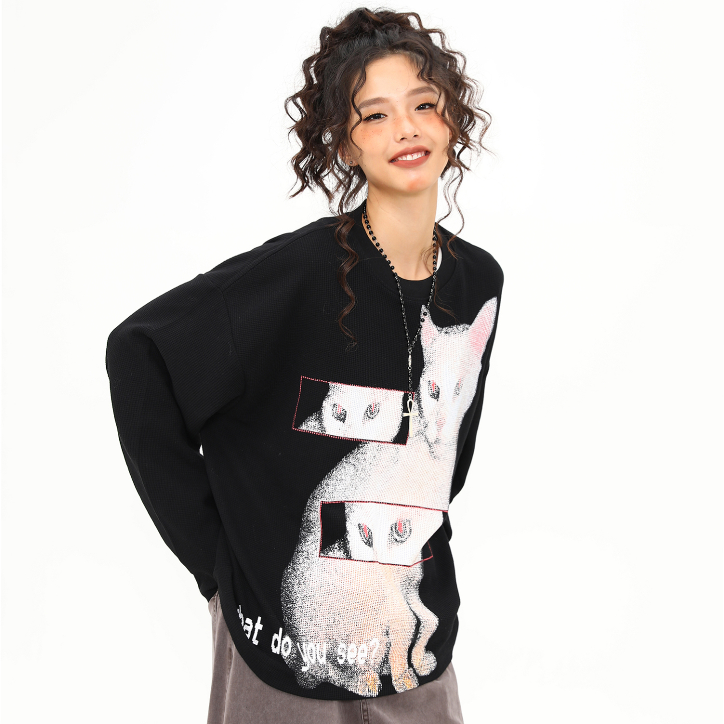 美式復古猫咪印花設計感圓領長袖T恤女秋冬新款百搭上衣