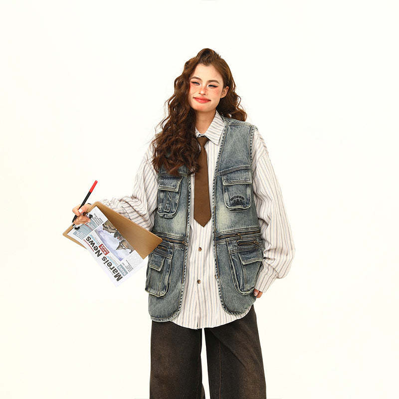 美式復古工裝牛仔馬甲外套女設計感潮牌外穿坎肩馬夾