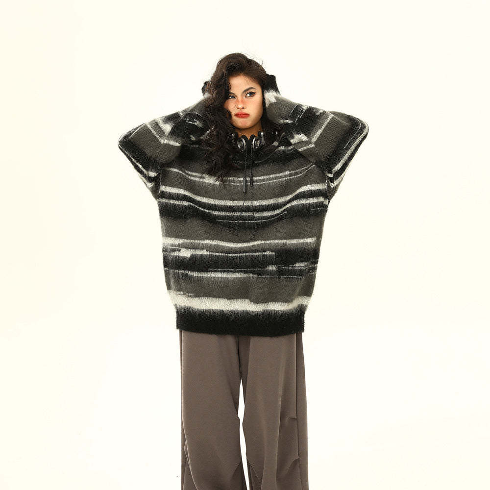 美式復古馬海毛條紋毛衣女春秋慵懶氛圍感情侶針織衫上衣