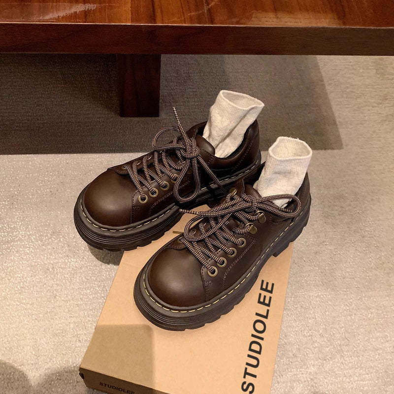 經典英倫風系帶圓頭百搭單鞋低跟德比小皮鞋女