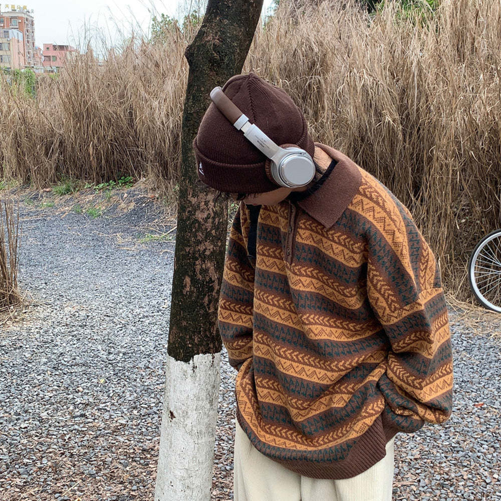 日系復古民族風翻領POLO針織衫寬鬆套頭毛衣保暖休閒上衣