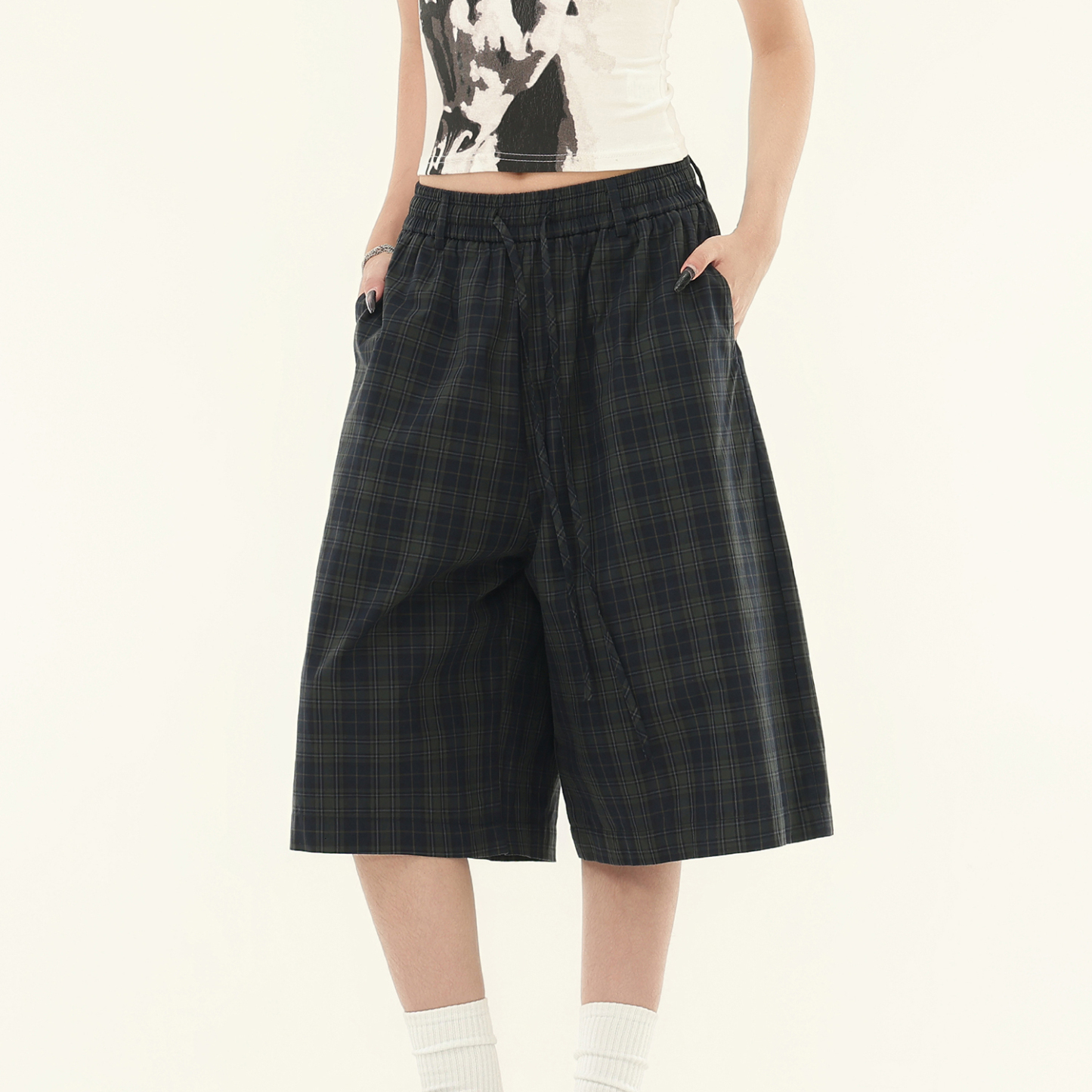 美式復古慵懶綠格紋鬆緊七分褲夏季寬鬆百搭格子褲女短褲